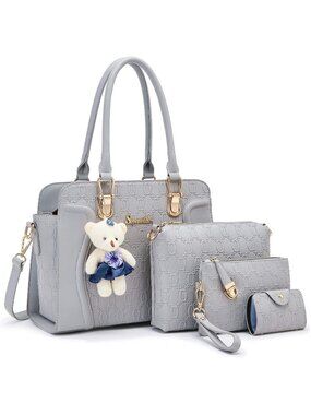 Women's Grey 4Pc Handbag Set Tote Shoulder Satchel Purse with Bear Charm